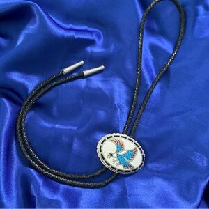 Vintage Silver Eagle Turquoise inlay Bolo Tie Leather
